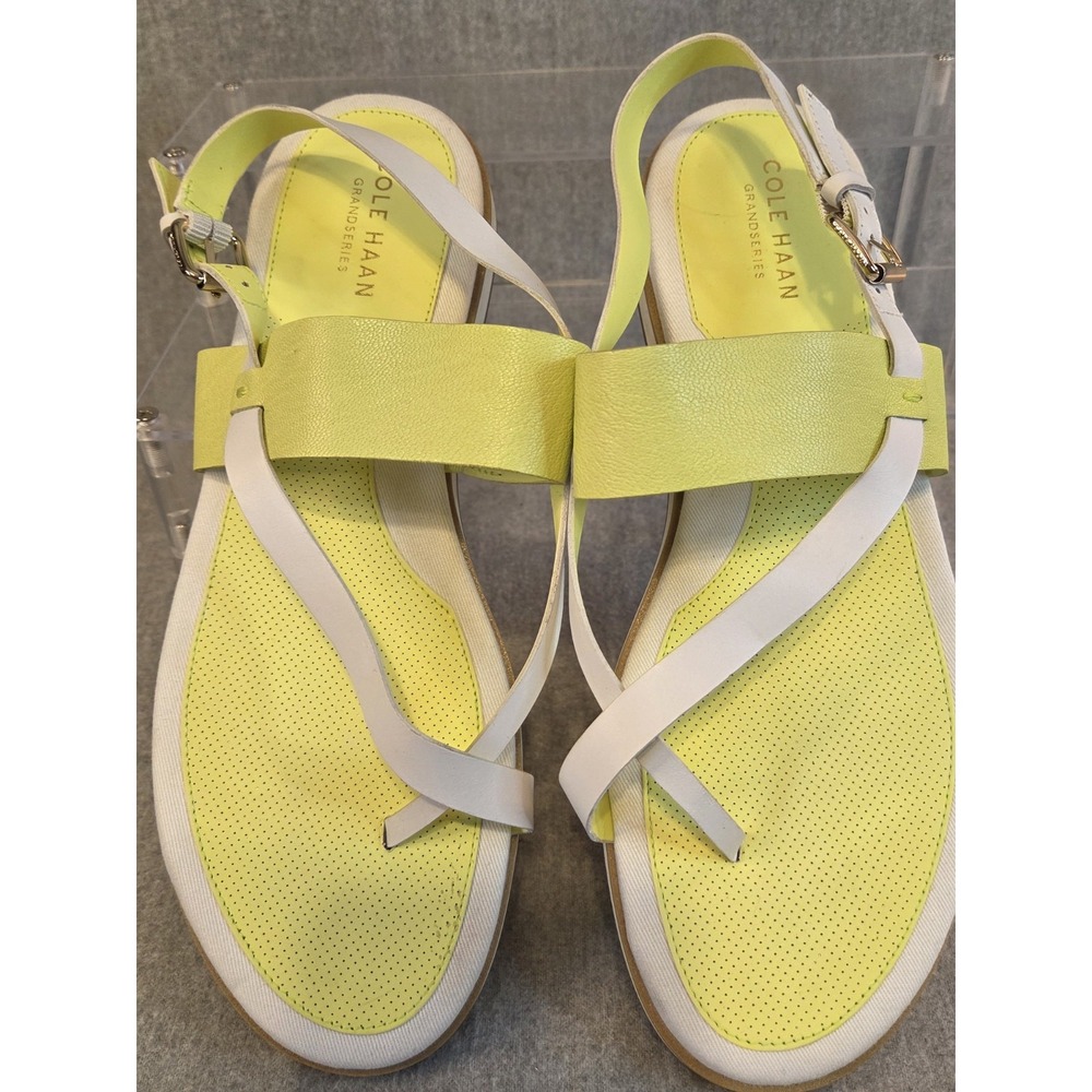 Cole Haan Women's 10 Lemon Yellow White Thong‎ Sandals Strappy Leather Buckles